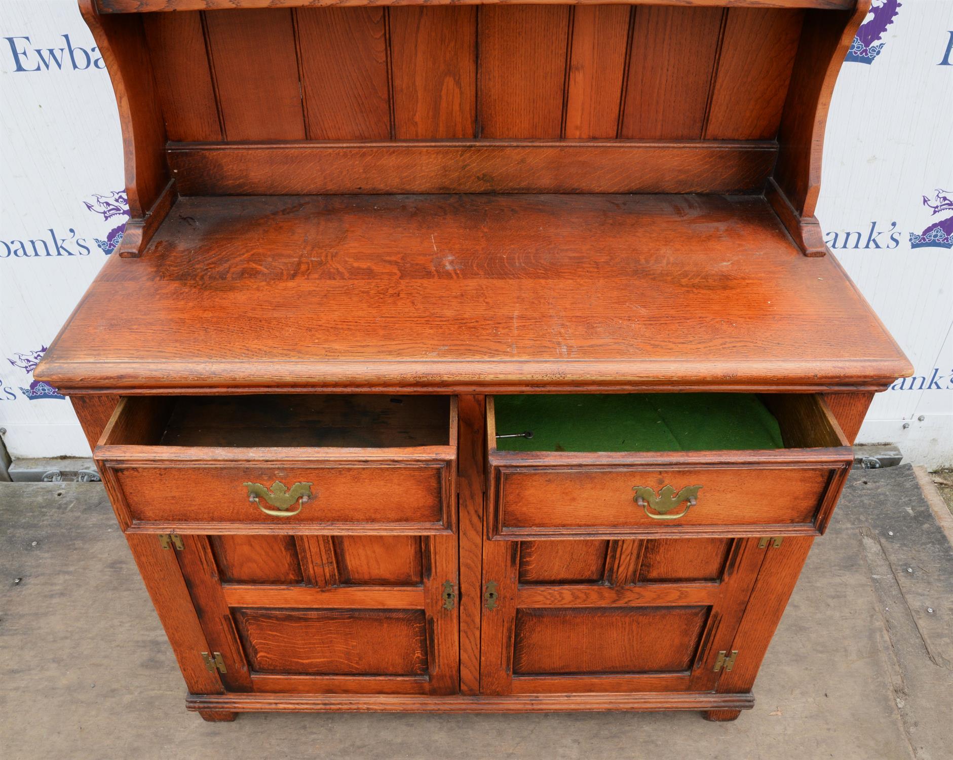 A George III style stained oak dresser, mid 20th century, H 188cm, W 112cm, D 52cm - Image 5 of 5