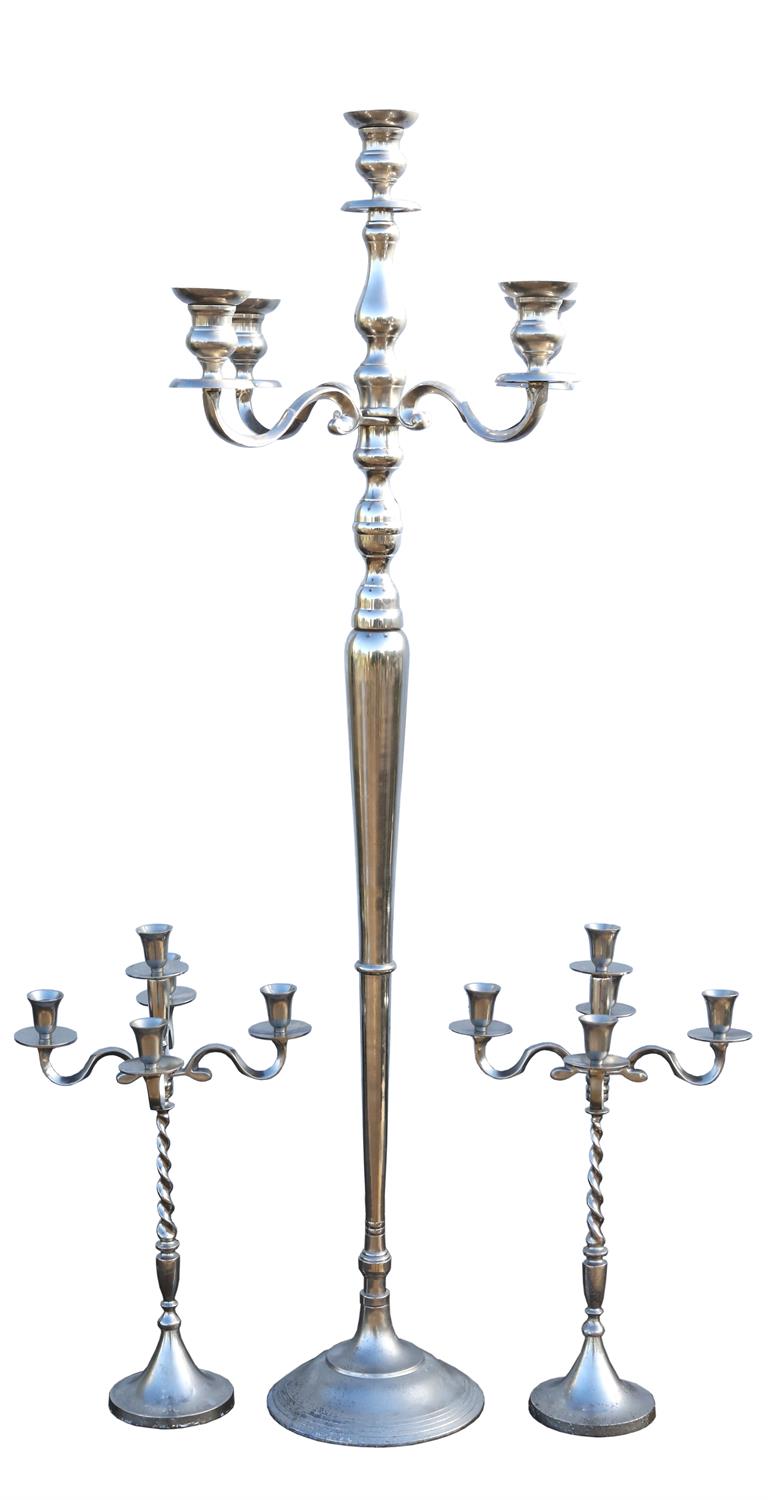 A modern tall silver metal five light candelabra, 155cm high. and a pair of smaller similar - Image 5 of 8