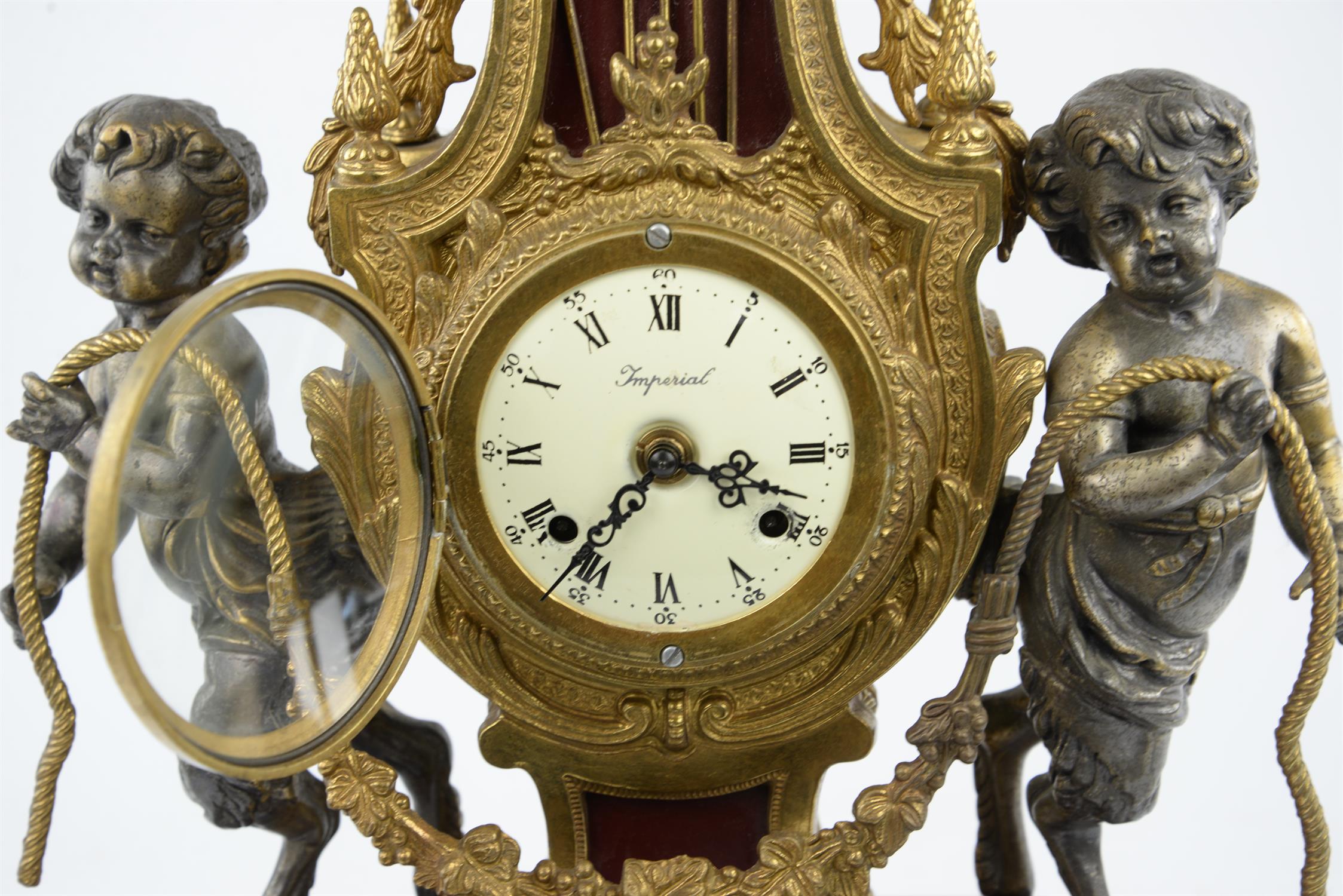 Louis XVI style gilt metal and burgundy porcelain mantel clock, 20th Century, with satyr mounts, - Image 4 of 4