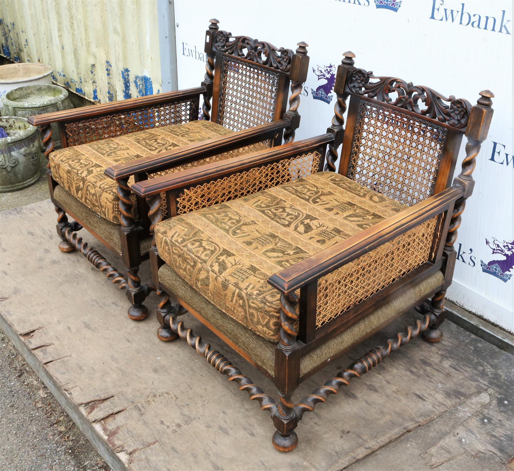 An English walnut and caned three piece bergere suite, in the William and Mary style,1930s, - Image 6 of 8