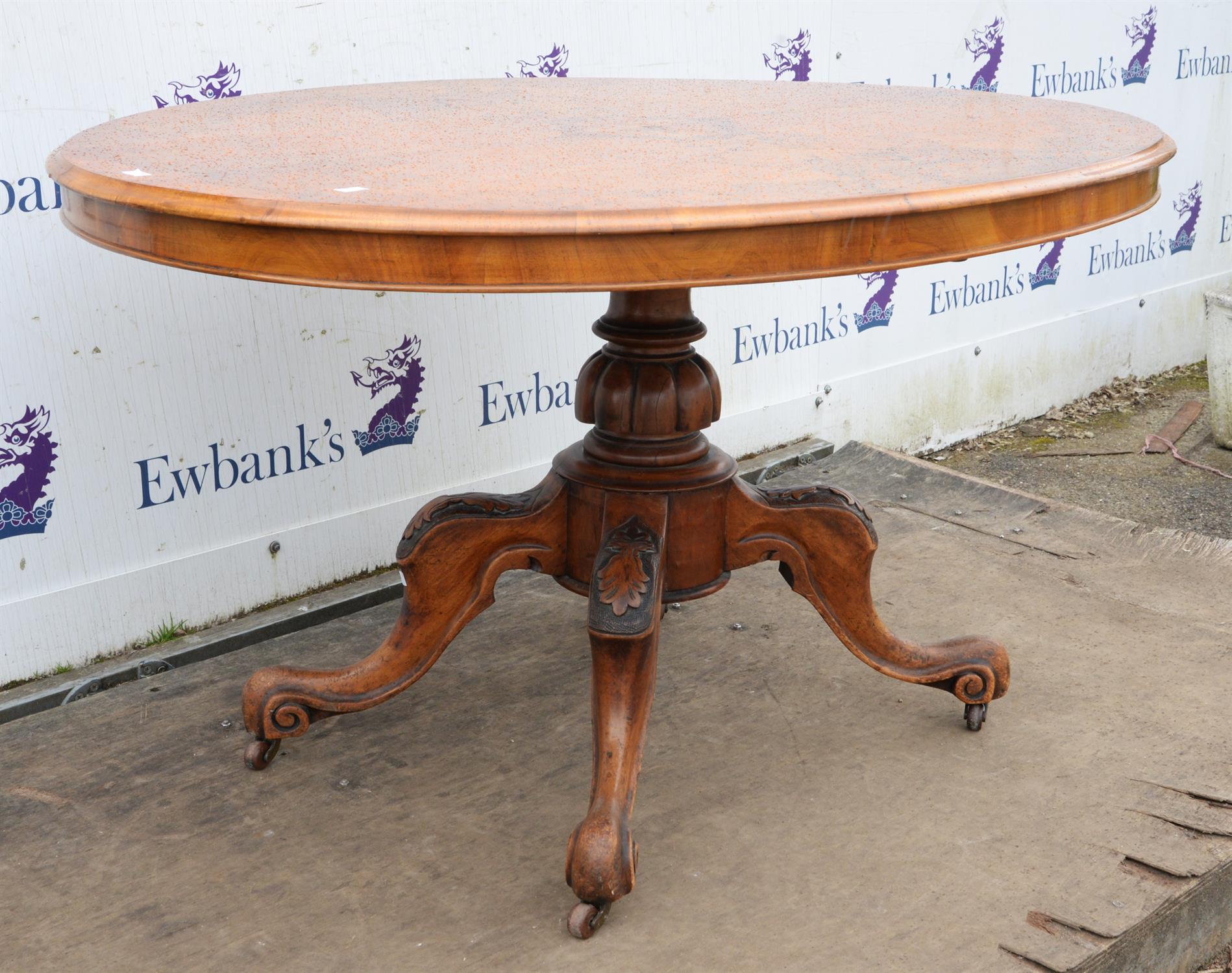 A Victorian walnut oval centre table, the burr walnut quarter veneered top on quadruple cabriole - Image 3 of 4