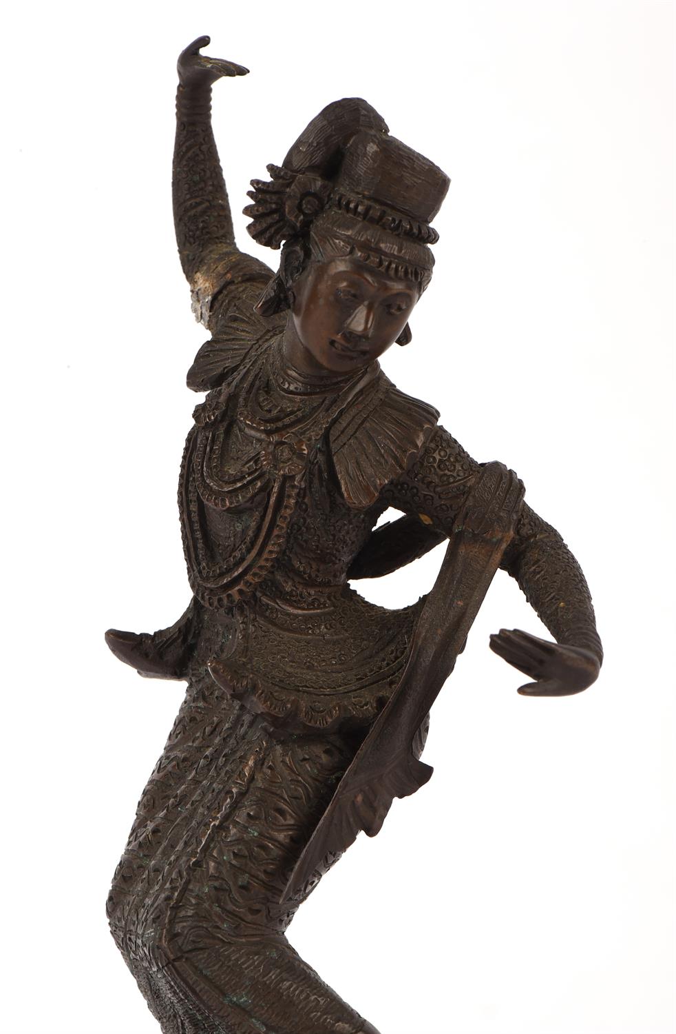 A pair of Balinese [or other South East Asian] bronze dancers; each one on a circular base; overall - Image 2 of 7