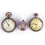 Three watches including two pocket watches and an enamel ball fob watch - an Omega silver open face