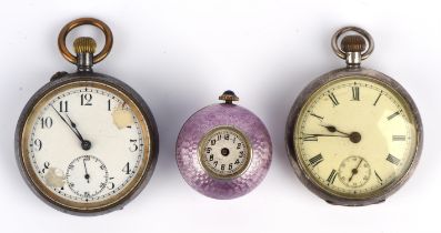 Three watches including two pocket watches and an enamel ball fob watch - an Omega silver open face