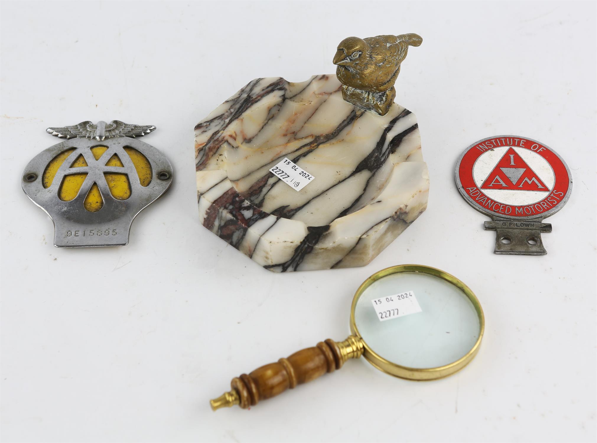 Institute of Advanced Motorists and A A bumper badges, marble ashtray with brass bird and a