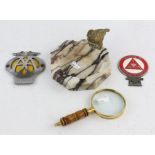 Institute of Advanced Motorists and A A bumper badges, marble ashtray with brass bird and a