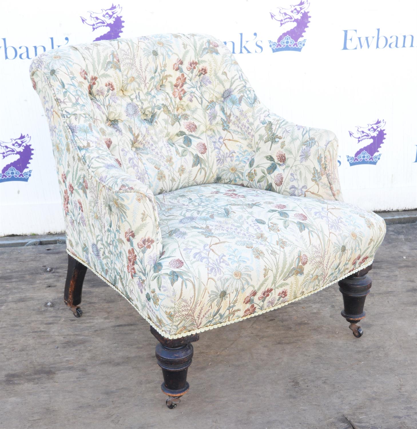 Victorian armchair, upholstered in floral material with button back design, 73cm high