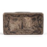 Russian ( Moscow ) silver pocket snuff box the hinged cover engraved with a group of three figures,