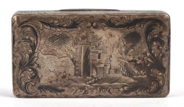 Russian ( Moscow ) silver pocket snuff box the hinged cover engraved with a group of three figures,