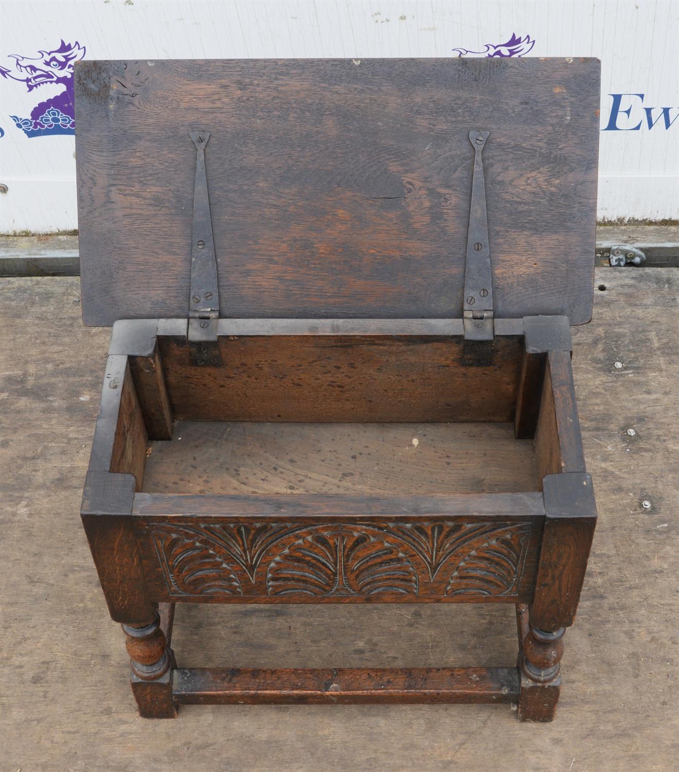 A Charles II style oak box seat stool, 1920s/30s, H 48cm, W 50cm, D 25cm - Image 2 of 3