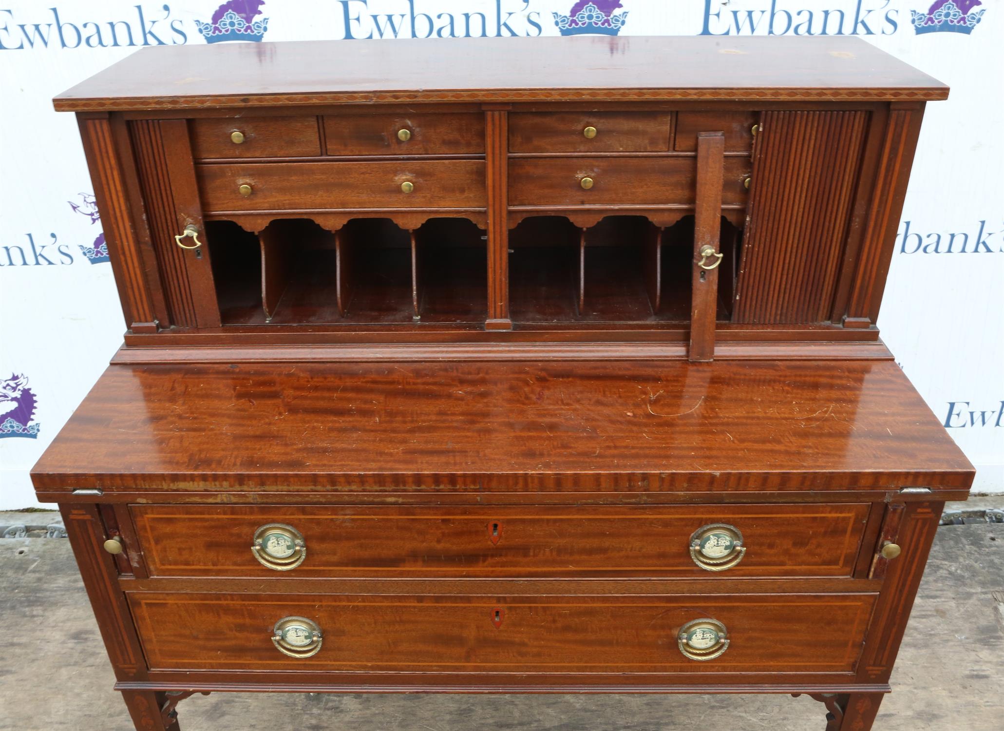 A George III style mahogany writing cabinet, Continental, the upper section with tambour doors - Image 2 of 6