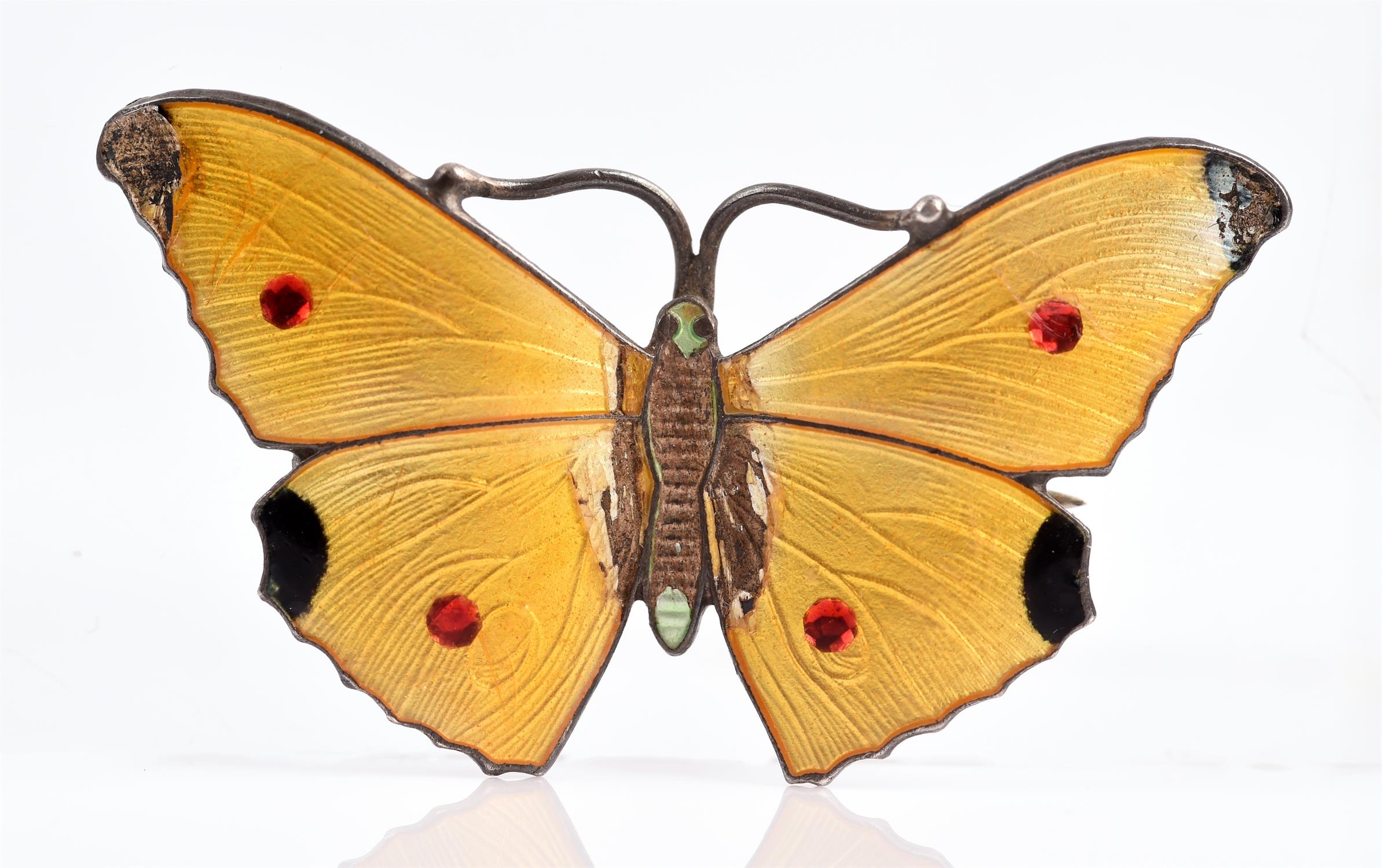 John Aitken and Son Enamel butterfly brooch, yellow, black and red enamel, in silver, - Image 2 of 3