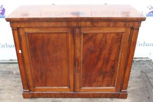 Mahogany cupboard, 19th Century, with two panelled doors enclosing a shelf, on plinth bae,