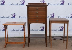 An Edwardian mahogany music cabinet, chevron banded, the four folding drawers above an undertier,