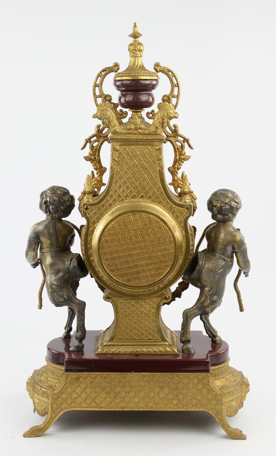 Louis XVI style gilt metal and burgundy porcelain mantel clock, 20th Century, with satyr mounts, - Image 2 of 4