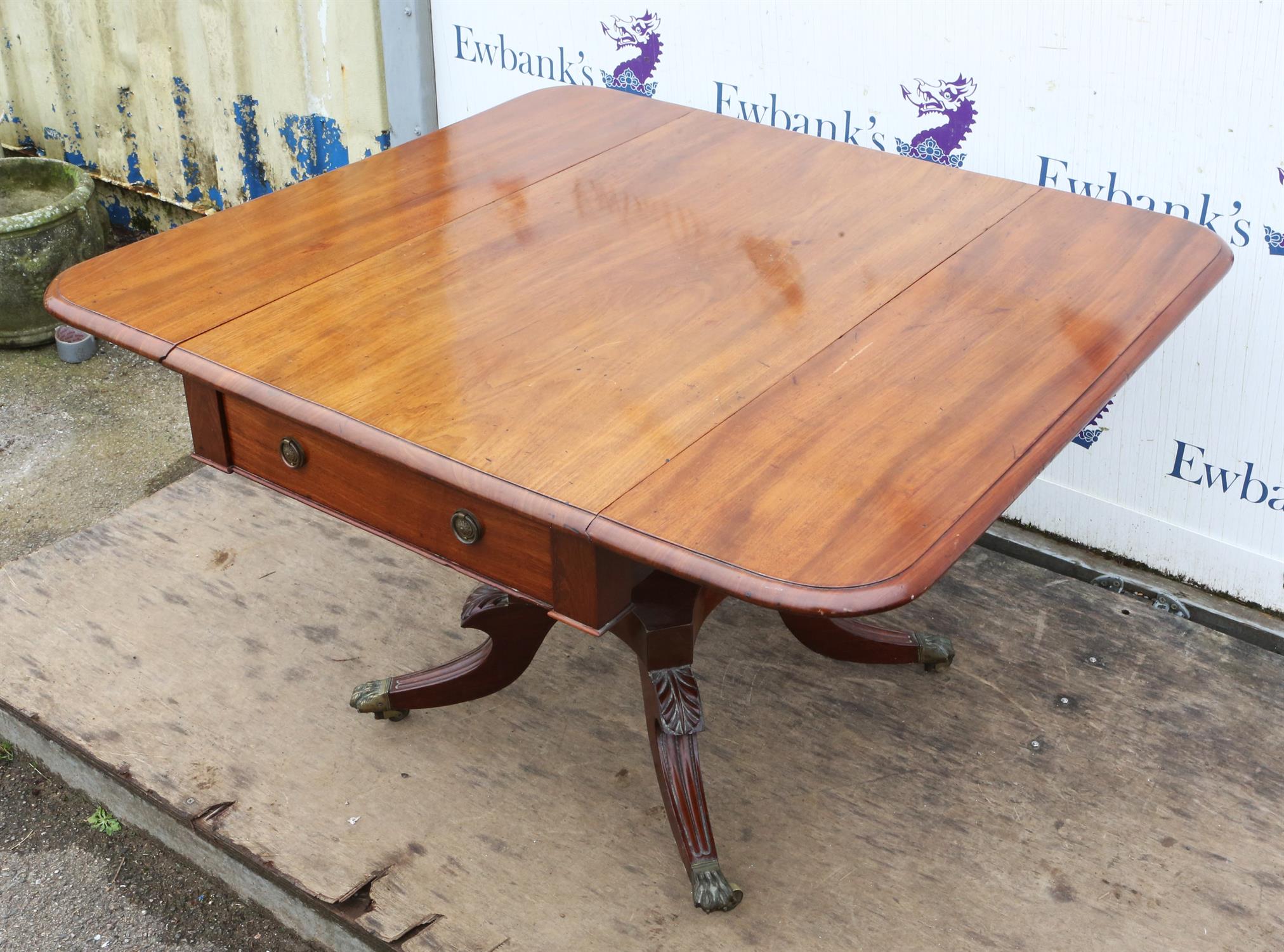 A George IV mahogany pedestal pembroke table, 1820s, the sold top above two drawers, - Image 6 of 12