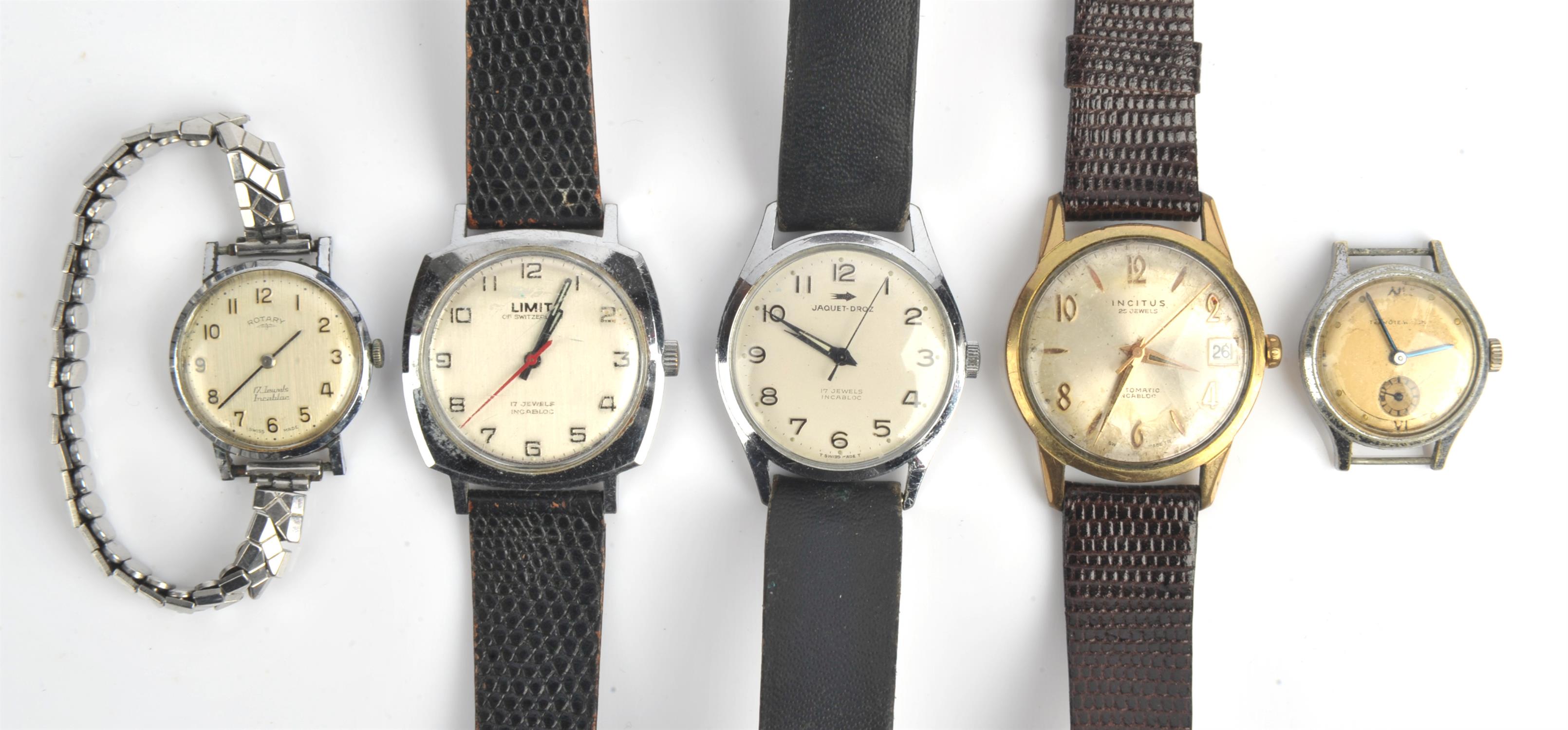 A group of five watches including a Jaquet-Droiz on leather strap, a Limit on leather strap,