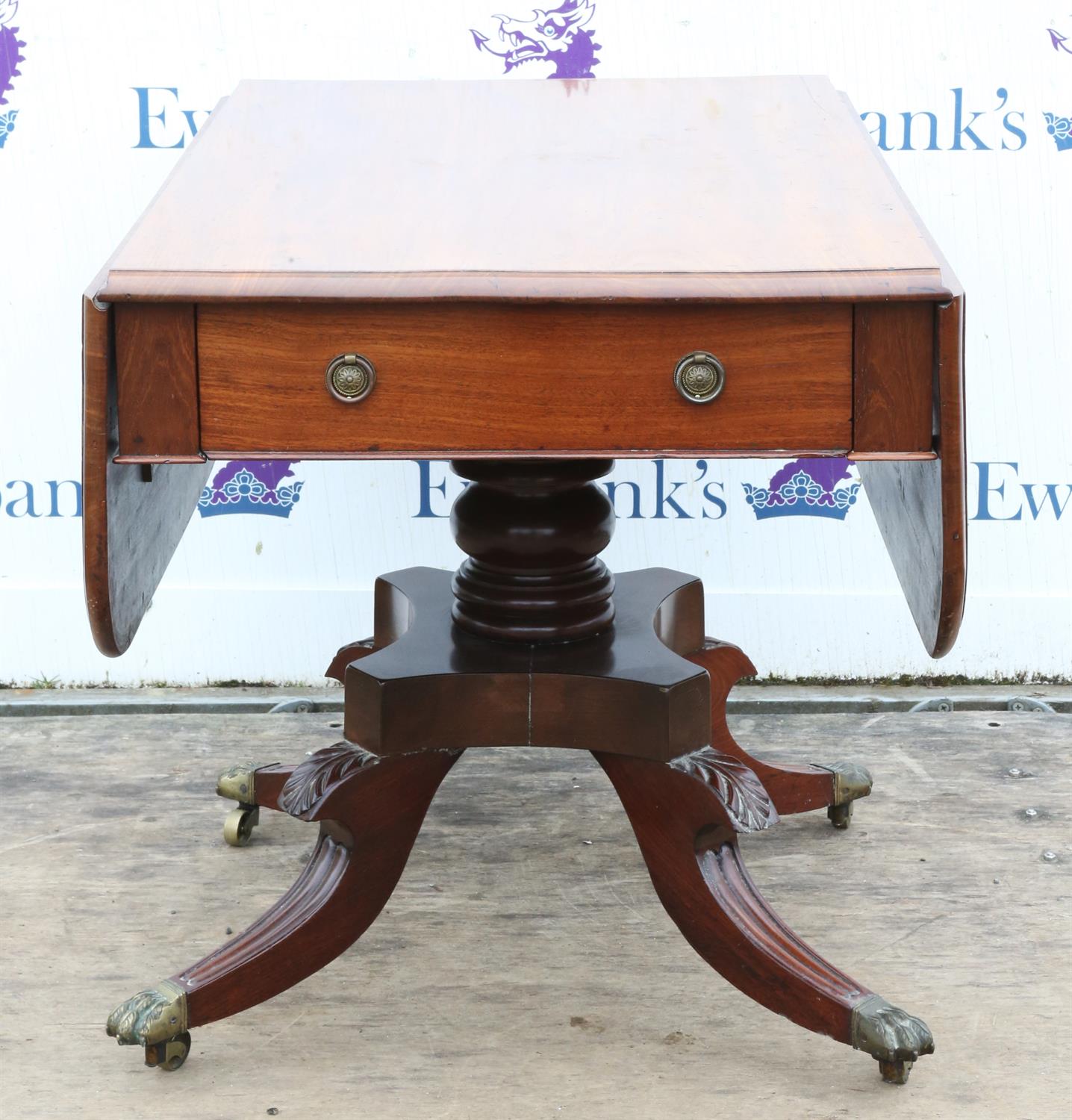 A George IV mahogany pedestal pembroke table, 1820s, the sold top above two drawers, - Image 12 of 12