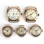 A group of five watches, including a Waltham gentleman's wristwatch, the white enamel dial with