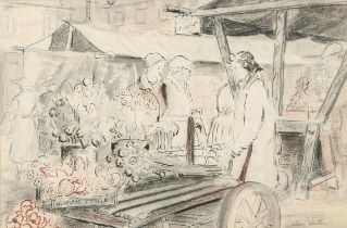 Allan Walton (1892-1948), Pauley's Stall, Stamford Market, Lincs, pen, ink, charcoal and red chalk,