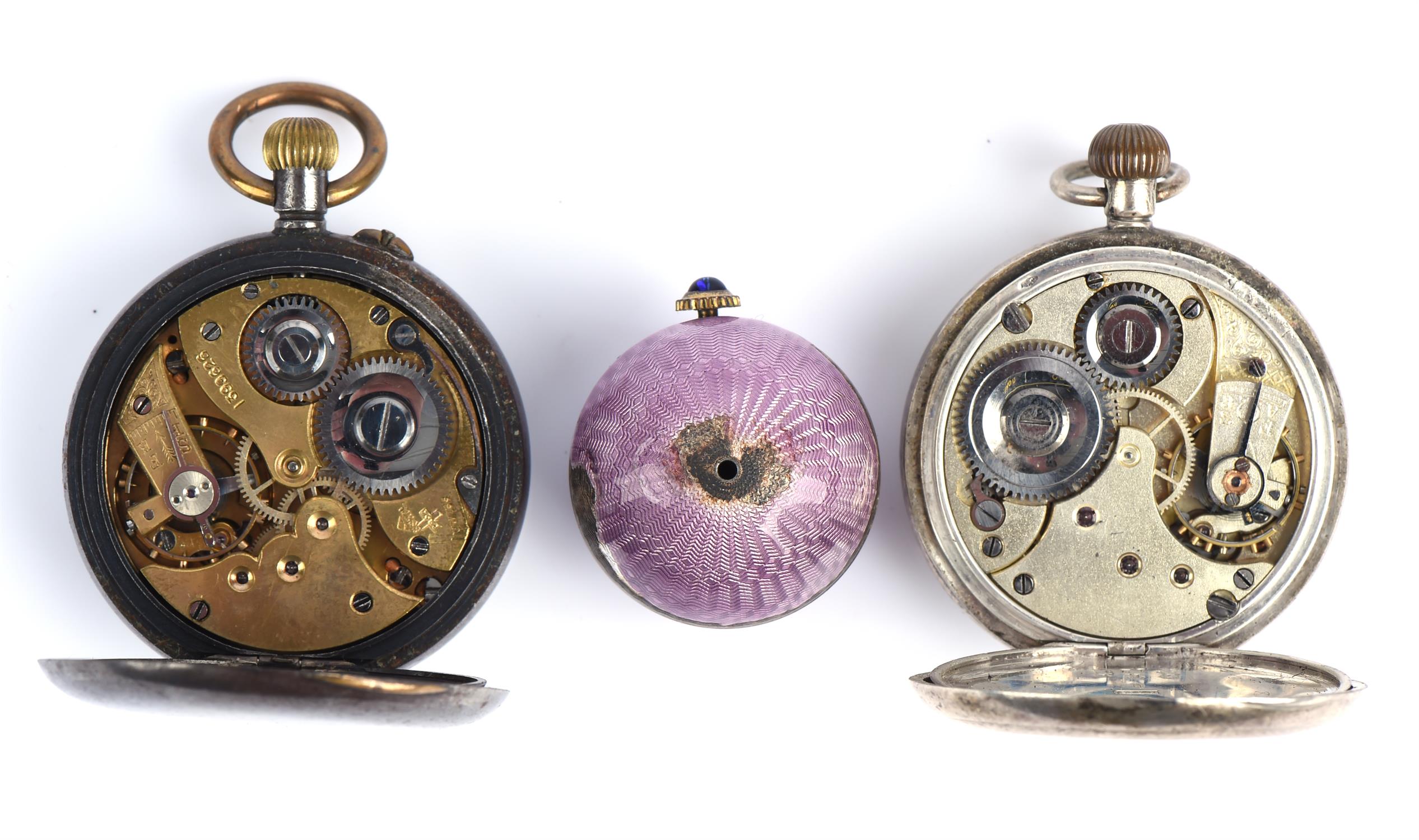 Three watches including two pocket watches and an enamel ball fob watch - an Omega silver open face - Image 2 of 4