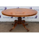 A Victorian walnut oval centre table, the burr walnut quarter veneered top on quadruple cabriole