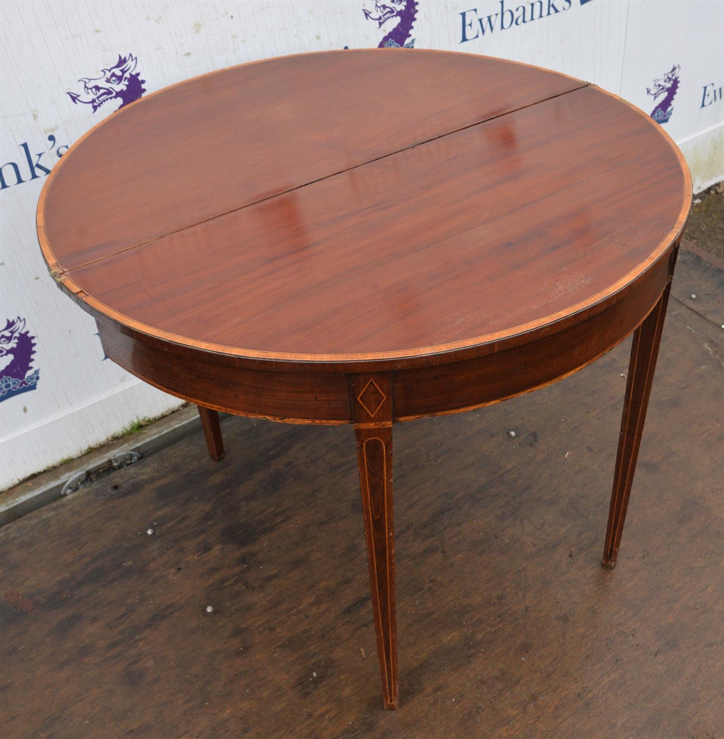 A George III mahogany demi lune tea table, later inlaid, H 75cm, W 91cm, D 45cm - Image 3 of 3