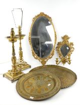 A group of mainly brass items comprising: an 18th century style wall mirror with twin candle sconce,