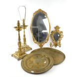 A group of mainly brass items comprising: an 18th century style wall mirror with twin candle sconce,