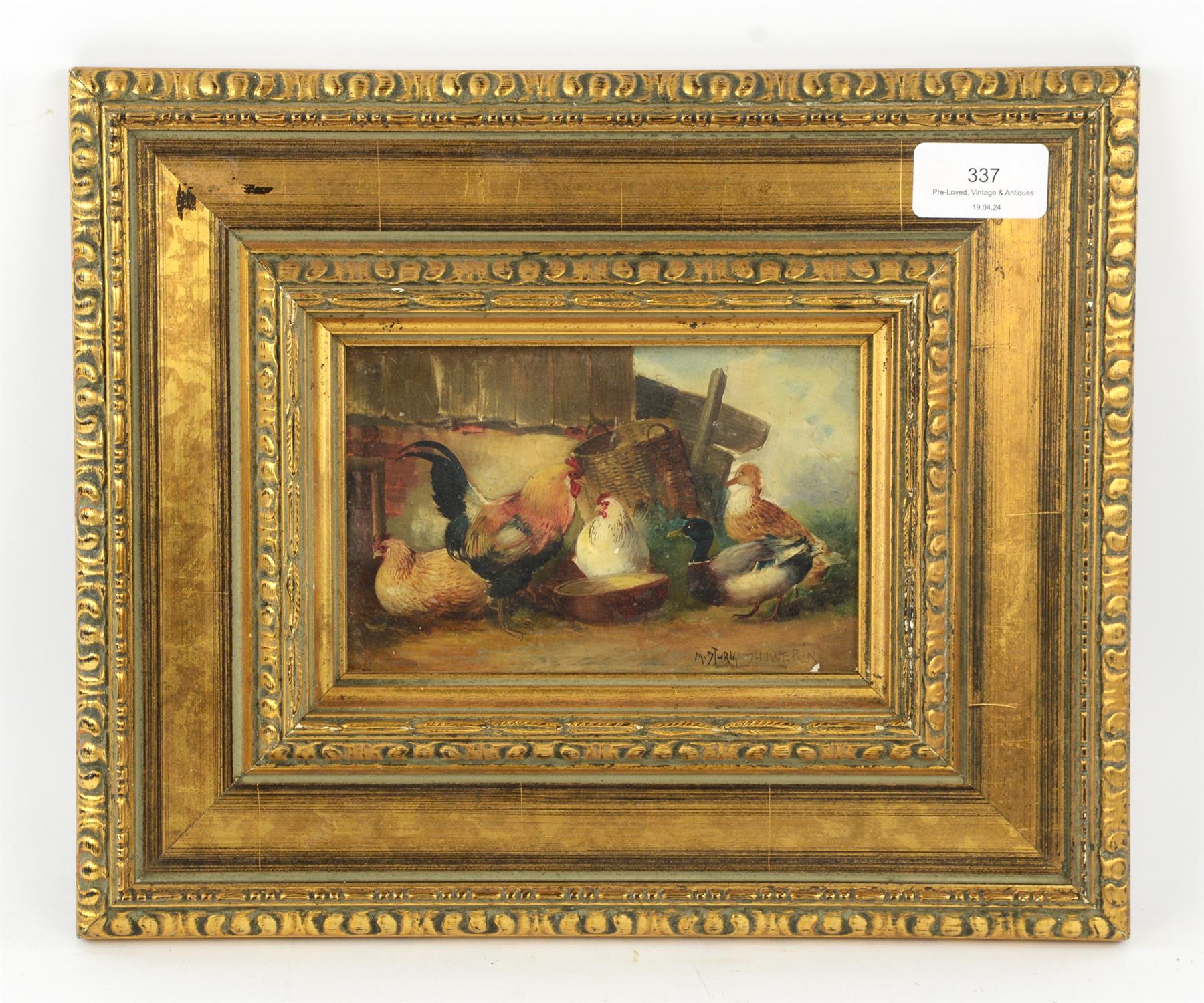 Marie Schwerin (19th Century). Chickens and duck, oil on board, 10 x 15cm. Framed.