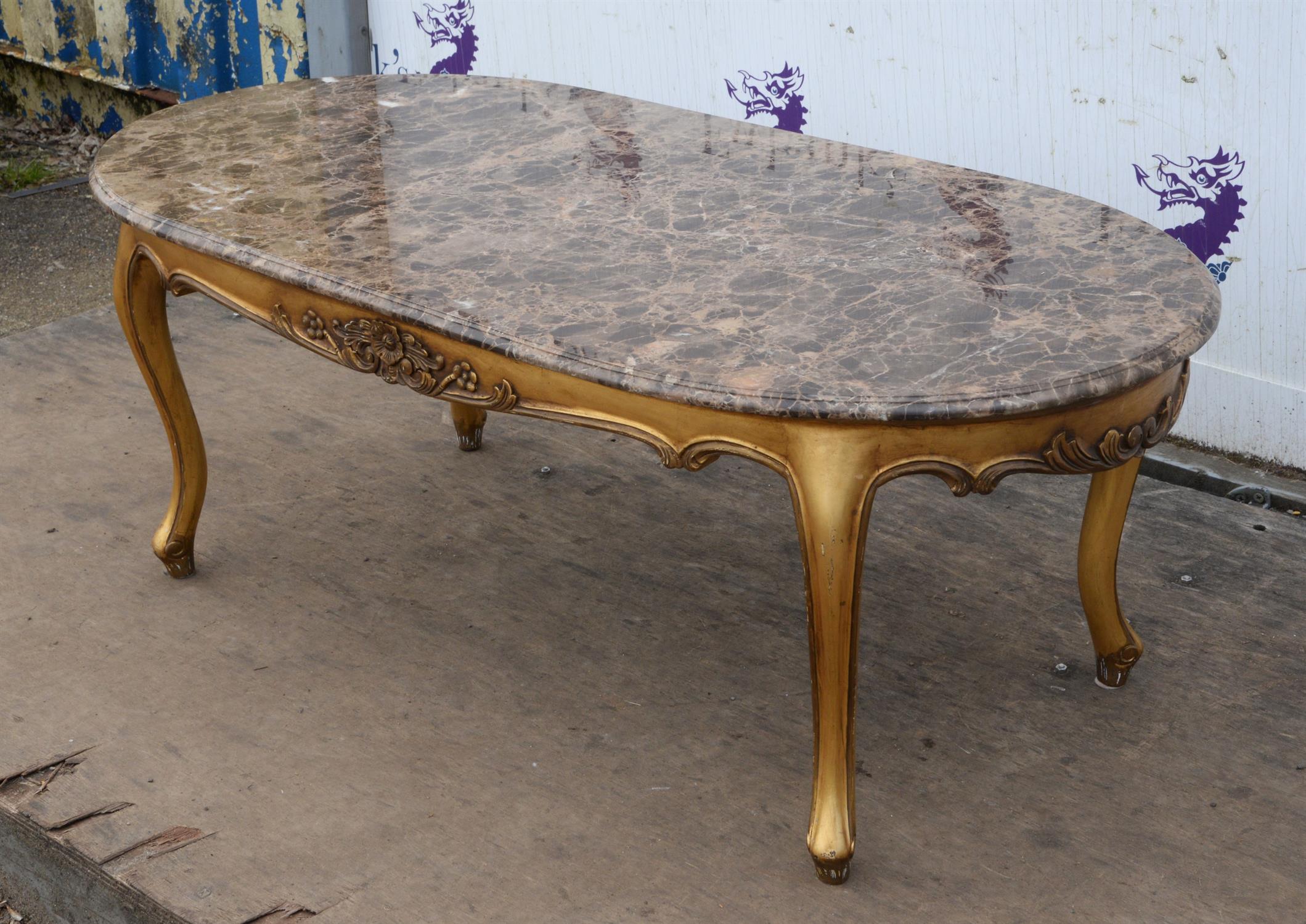 A Louis XVI style giltwood coffee table, mid 20th century, with an oval mottled brown marble top, - Image 3 of 3