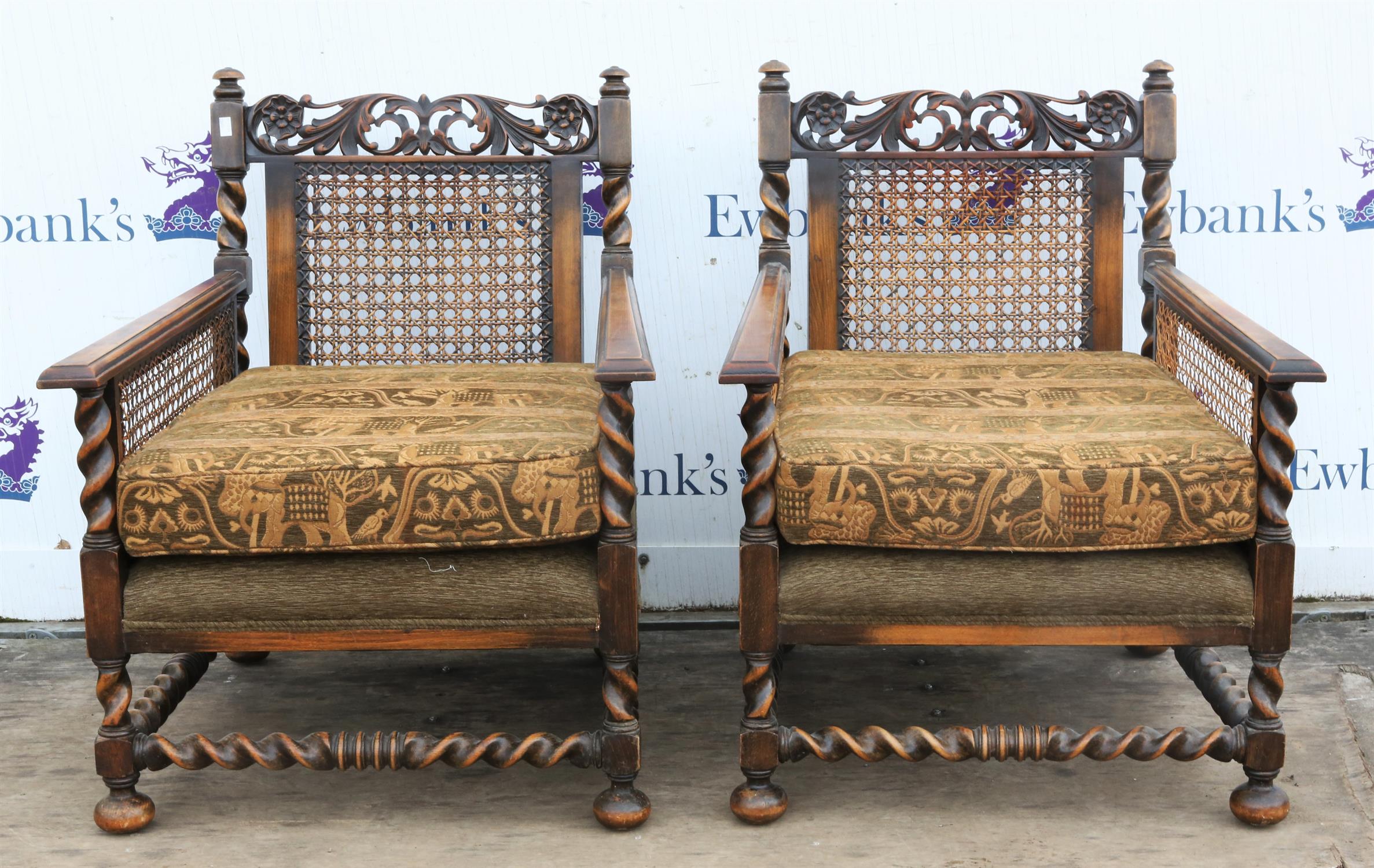 An English walnut and caned three piece bergere suite, in the William and Mary style,1930s, - Image 5 of 8
