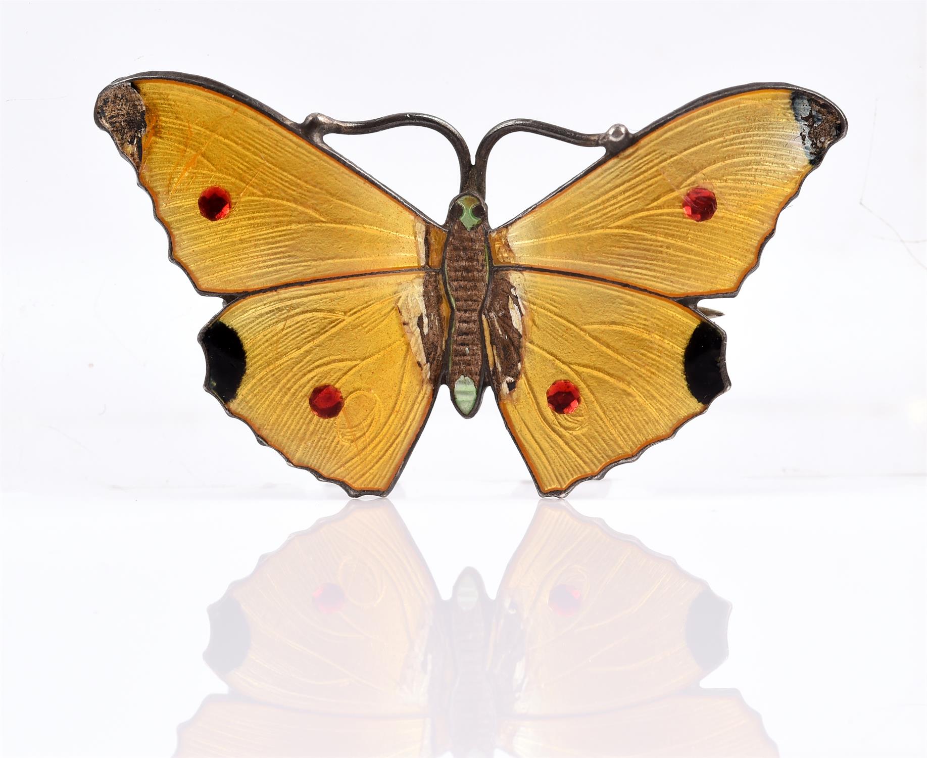 John Aitken and Son Enamel butterfly brooch, yellow, black and red enamel, in silver,