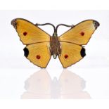 John Aitken and Son Enamel butterfly brooch, yellow, black and red enamel, in silver,