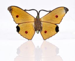 John Aitken and Son Enamel butterfly brooch, yellow, black and red enamel, in silver,