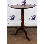 A George II tripod table, top and base associated, top mahogany and base fruitwood, H 69cm, diam.
