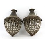 A pair of Louis XVI style metal ceiling lights, of oval form with meshwork enclosed of glass drops,