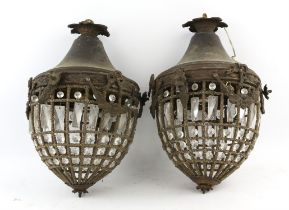 A pair of Louis XVI style metal ceiling lights, of oval form with meshwork enclosed of glass drops,