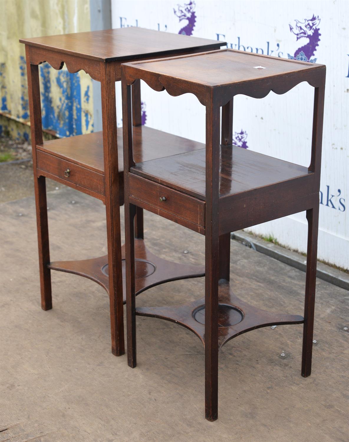 Two George III mahogany wash stands, with drawers, the larger example with a later top, - Image 2 of 3