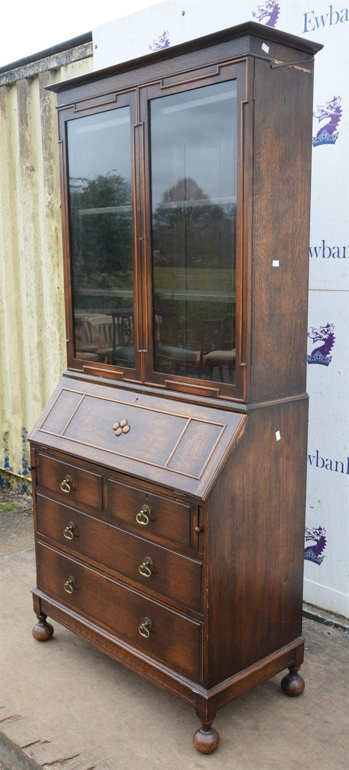 A William and Mary style oak bureau bookcase, 1910/1920s, in two parts, with upper glazed doors - Image 2 of 2