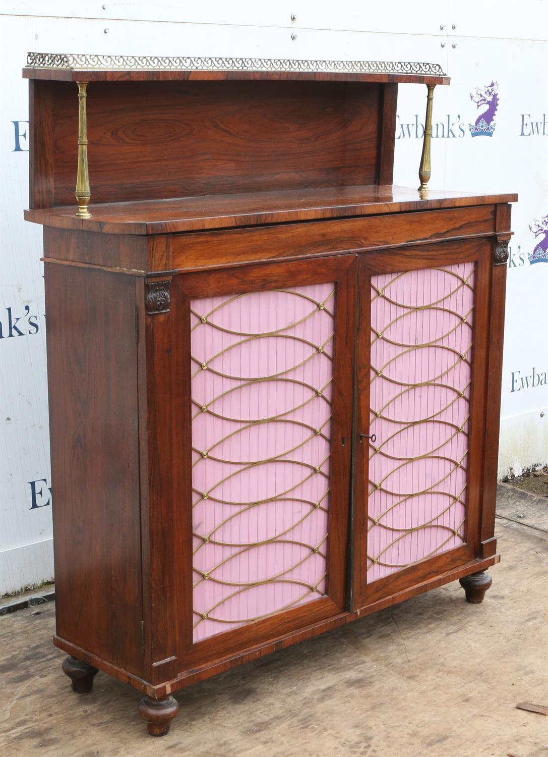 A Regency rosewood side cabinet, the rear gallery on brass supports, the narrow drawer above a pair - Image 2 of 5