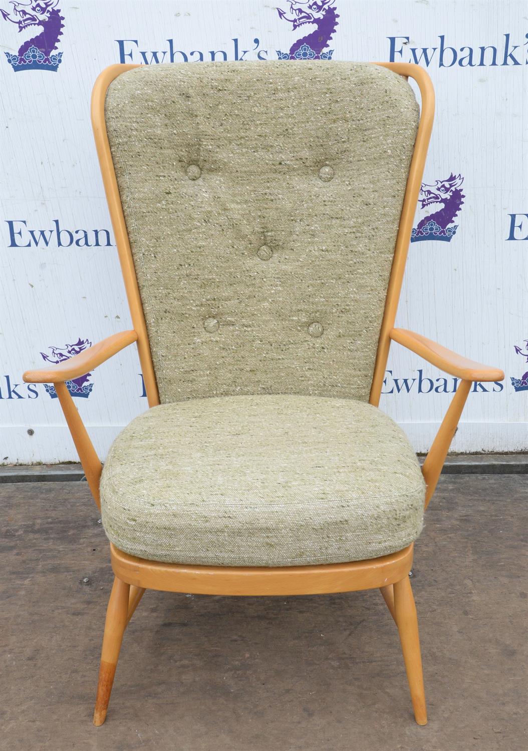 Ercol, a beechwood armchair, with two cushions, one with button back upholstery, 104cm high - Image 2 of 4