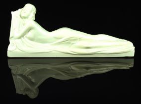 A French Art Deco green plaster reclining lady, impressed Made in France, 613 and signed 'Marines M