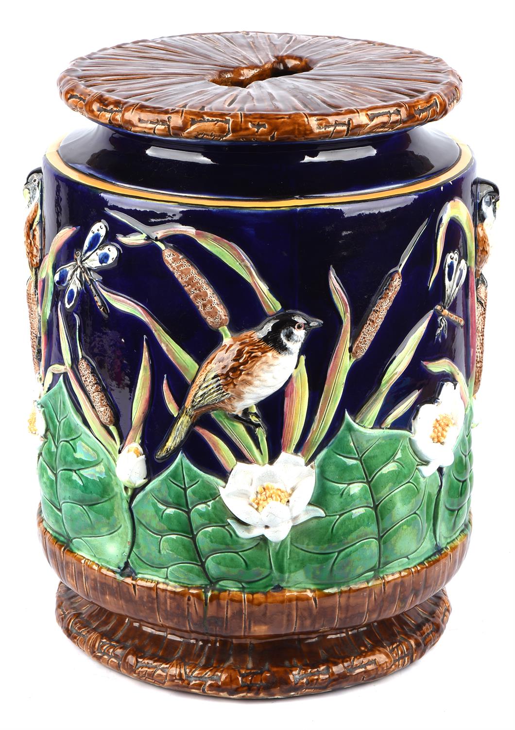 A George Jones majolica barrel form garden seat, moulded with a frieze of birds and lotus flowers, - Image 4 of 9