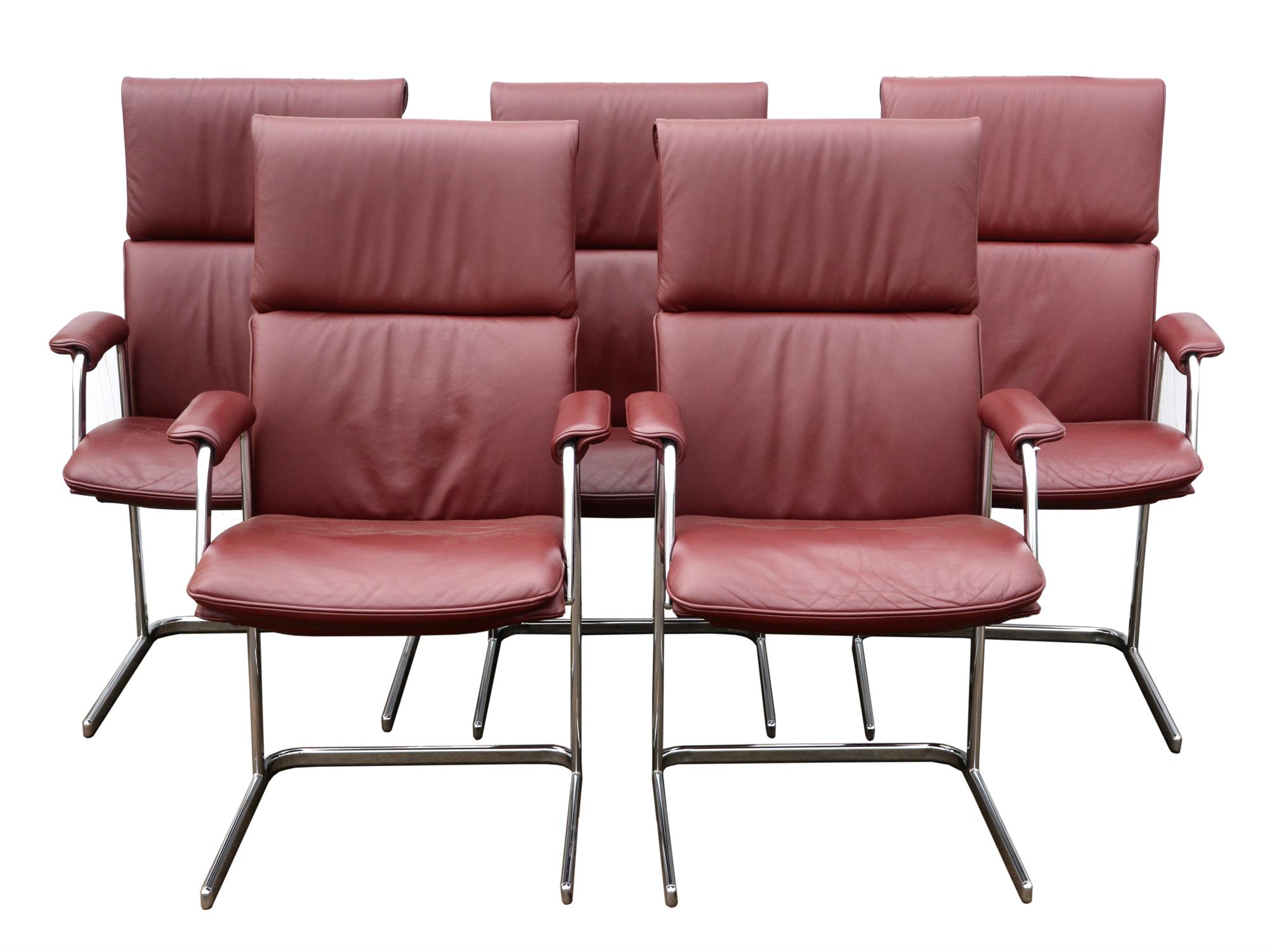 Boss, five executive armchairs, burgundy leather and chromed steel, 104cm high x 61cm wide x 69cm