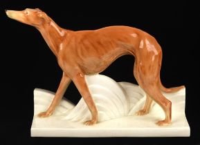 Art deco greyhound, glazed ceramic sculpture, 42cm high x 56cm wide x 14cm deep