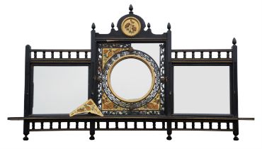 Aesthetic Movement ebonised wood overmantel mirror, with arched central cresting containing a