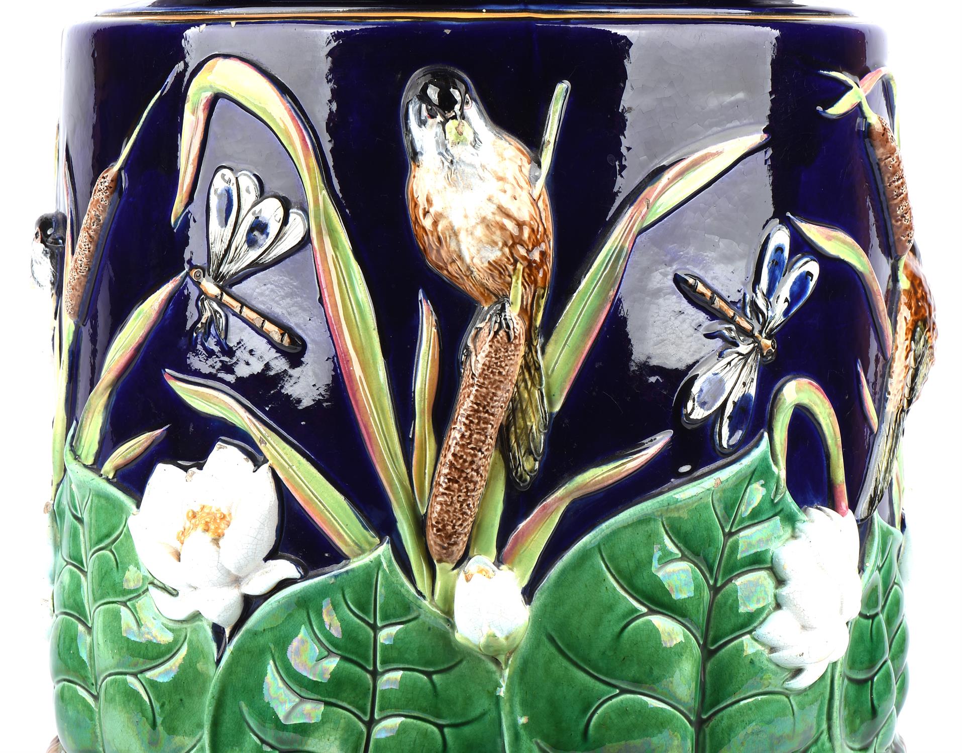 A George Jones majolica barrel form garden seat, moulded with a frieze of birds and lotus flowers, - Image 8 of 9