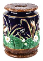 A George Jones majolica barrel form garden seat, moulded with a frieze of birds and lotus flowers,