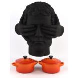 Lene Bierre, a bust of a man with his eyes covered, together with a collection of kitchen items,